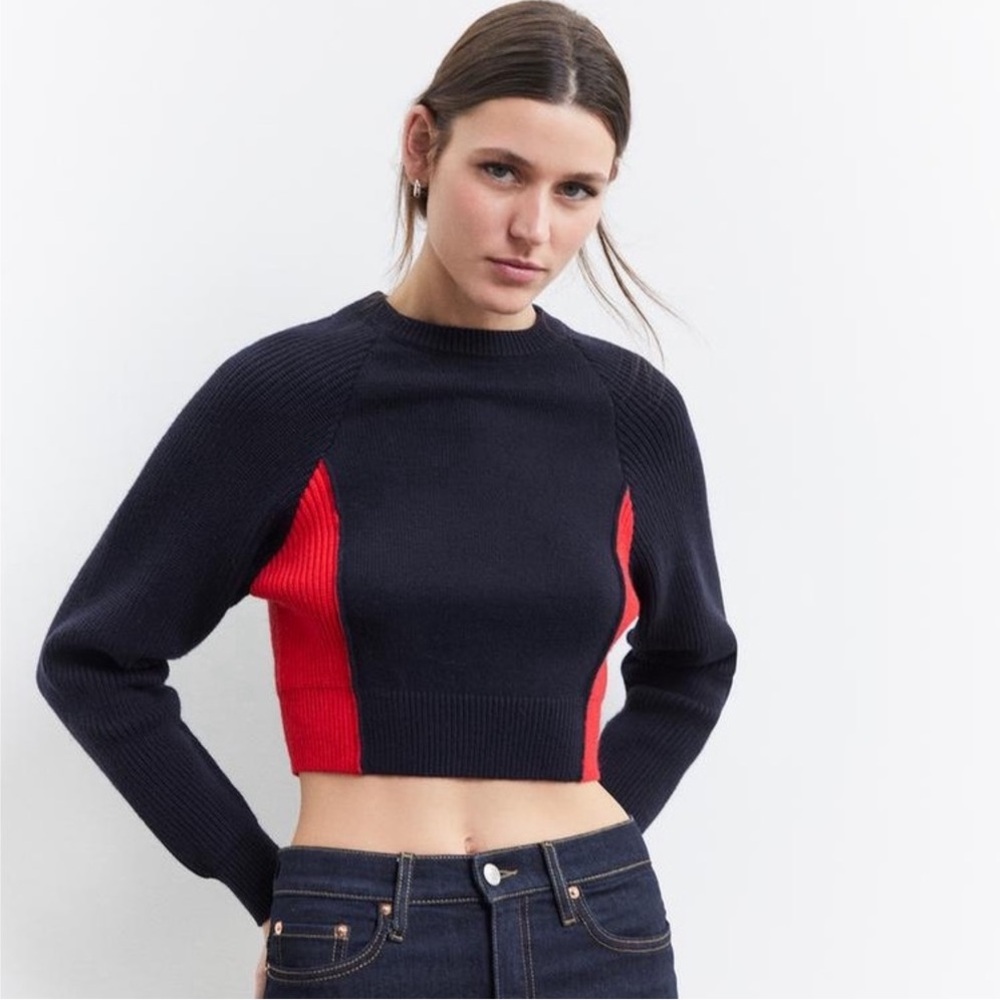 ZARA NAVY RED CROPPED FITTED COLORBLOCK KNIT SWEATER